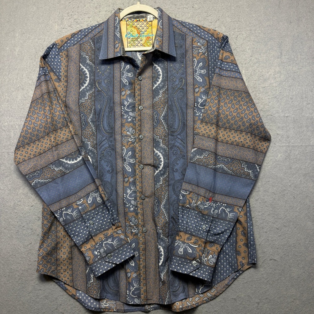 Robert Graham Mens XL Classic Fit Blue Brown Paisley Mixed Print Button Down